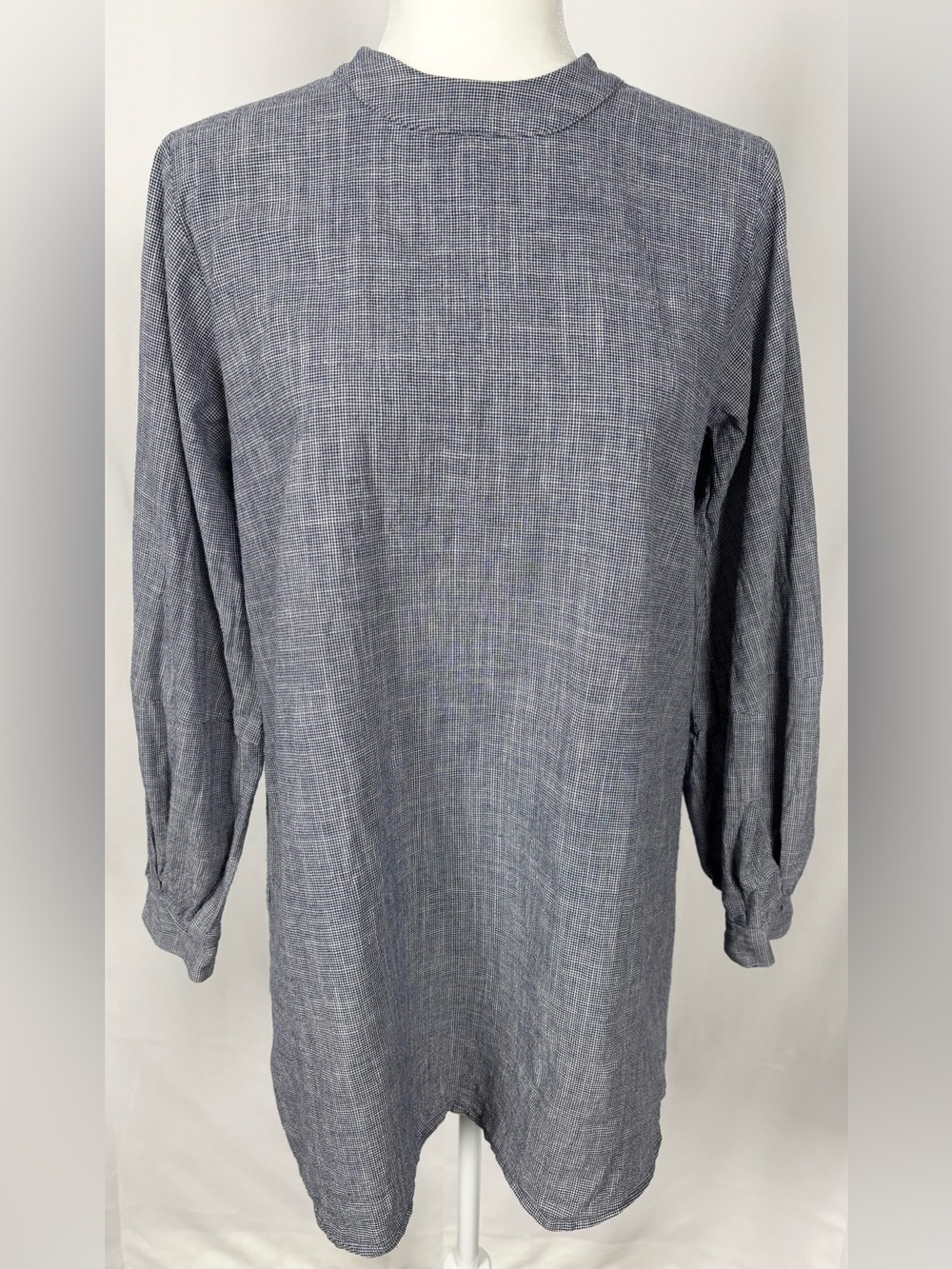 Benin Boho Tie Back 100% Cotton Micro Gingham Peasant Sleeve Tunic Mini Dress